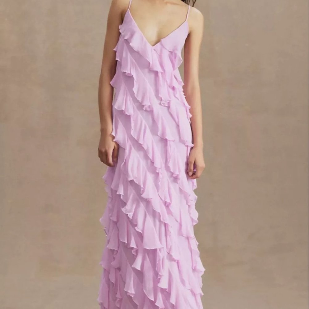 BHLDN Jia Bias-Cut Ruffled V-Neck Gown